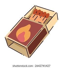 Bright vector wooden matches, make a campfire on a hike. vivid events, wildlife. Flat cartoon style. Postcard, icon, sticker.