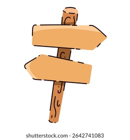 Um ponteiro de madeira brilhante vetor, uma placa feita de tábuas, para não se perder em uma caminhada. eventos vívidos, vida selvagem. Estilo de desenho animado plano. Cartão postal, ícone, adesivo.
