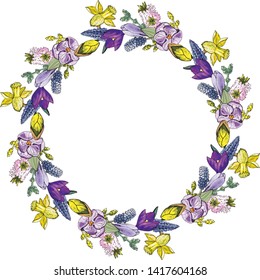 bright vector wreath of flowers, daffodils and tulips, lilac and yellow