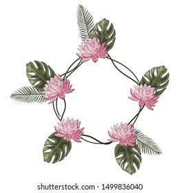 Bright vector wreath of pink lotuses, manstera leaves. Exotic stylish decor. Hand drawing style. Botanical realistic doodling. Isolated object on a white background.