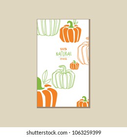 Bright vegetable card with pumpkins. Organic farm food. Natural eating. Abstract vector design for product label, promo poster of farmer market or grocery store