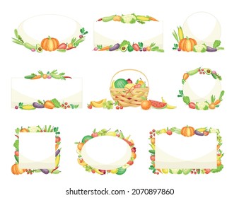Bright Vegetable Frame with Ripe and Fresh Agricultural Cultivar Vector Set