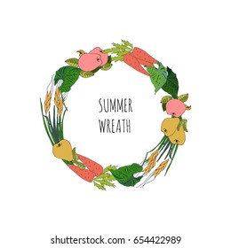  Bright vegetable and fruit wreath hand drawn in vector.Easy to use for summer and autumn illustrations.