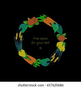  Bright vegetable and fruit wreath hand drawn in vector.Easy to use for Organic product labels.
