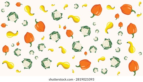 Bright vegetable pattern featuring pumpkins cabbages and yellow squash on a white background ideal for healthy food and cooking designs