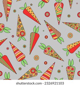 Bright vegetables, Carrot, abstract  ornament. The pattern  seamless.  Drawings, doodle.  Vegetarian food. Vector illustration on white isolated background. 