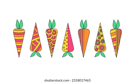 Bright vegetables carrot, abstract  pattern, ornament.  Drawings, doodle.  Vegetarian food. Vector illustration on white isolated background. 