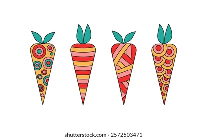 Bright vegetables. Carrot abstract, pattern, ornament. International Carrot Day. Drawings, doodle. Vegetarian food. Vector illustration on white isolated background. 