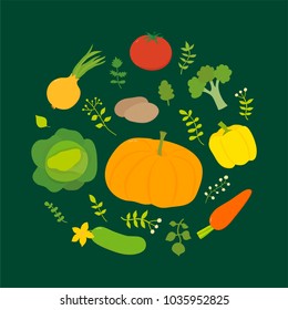 Bright vegetables: tomato, cucumber, carrot, onion, potato, broccoli, etc. Can be used for card, illusration, poster, banner, advertisement.