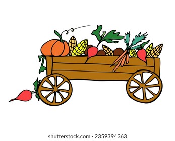 Verduras brillantes para el festival de la cosecha. Carro viejo y lindo con zanahorias, remolacha, maíz y calabaza sobre fondo blanco. Afiche de otoño para tarjetas, impresos, decoración, folletos y tarjetas de felicitación. Alimentos saludables extraídos a mano