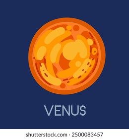 Bright Venus planet with title. Solar system planet with vivid surface details. Perfect for educational content and astronomy. Vector illustration isolated on dark blue background.