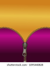 Bright vertical abstract background for advertising poster. Open dark violet zipper on gold backdrop. banner template an empty space for text, for your projects.