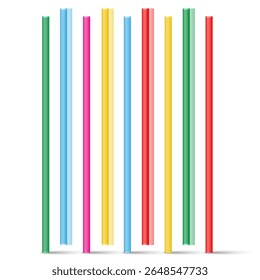 Brilhante arranjo vertical de plástico colorido vetor 3d beber palhas com transparência realista e superfície brilhante, representando utensílios de bebidas, suprimentos de festa isolados no fundo branco.