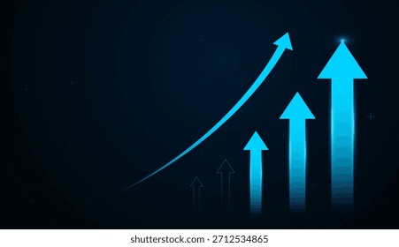 Las flechas de Vertical brillantes ilustran el aumento de los ingresos, las ganancias y el retorno de la inversión en una economía digital moderna, con flechas azules futuristas que se disparan hacia arriba