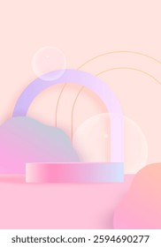 Bright vertical background with shapes, arches, bubbles and podium with gradients. Product presentation template.