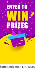 Bright vertical banner with text, enter to win prizes. gift box on yellow background and exclamation marks. Fireworks or confetti around. Vector banner in modern flat style 