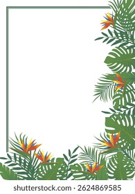 Bright vertical bottom corner of tropical greenery and flowers. Tropical leaves frame. Vector illustration design. Hand drawn