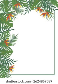 Bright vertical corner of tropical greenery and flowers. Tropical leaves frame. Vector illustration design. Hand drawn