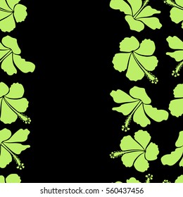 Bright vertical hawaiian seamless pattern with tropical hibiscus flowers on a black background in green colors with copy space (place for your text).