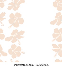 Bright vertical hawaiian seamless pattern with tropical hibiscus flowers on a white background in neutral colors with copy space (place for your text).