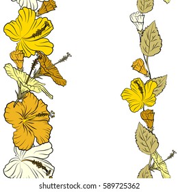 Bright vertical hawaiian seamless pattern with tropical hibiscus flowers on a white background in yellow colors with copy space (place for your text).