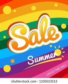 Bright vertical poster or banner - Summer sales. On a striped rainbow background. Vector summer background for Your discount.