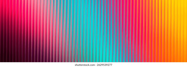 Textura de vidro fractal com nervuras verticais brilhantes com gradiente colorido do arco-íris refletem energia e movimento. Festival de verão de cores em ondas alegres perfeito para design brilhante e projeto criativo. Vetor