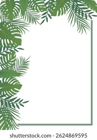 Canto verde tropical vertical brilhante. Moldura de folhas tropicais. Ilustração de design de vetor. Desenhado à mão