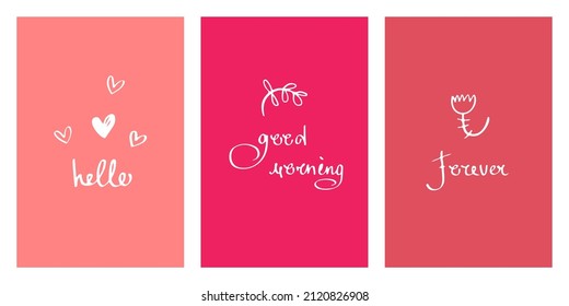 Bright vertical vector posters with beautiful inscriptions on the theme of Valentine's Day and love. Universal greeting set for backgrounds, postcards, covers, wrappers, textiles, fabrics, decor