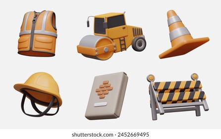 Bright vest, road roller, signal cone, construction helmet, bag of cement, portable barrier