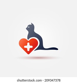 Bright vet cat icon - simple veterinarian symbol or logo with red heart and cross and a cat 