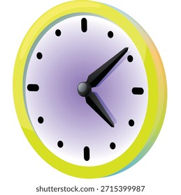 bright and vibrant 3D stylized wall clock with a yellow frame and purple-tinted face. This glossy illustration represents time, deadlines, scheduling, and efficiency. Perfect for game UI assets, productivity apps, education materials, and time-tracking business graphics.