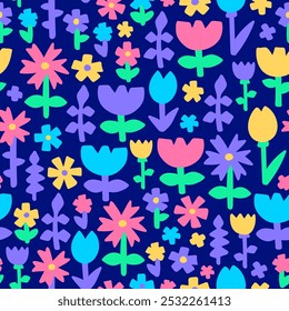 Bright vibrant abstract flowers background. Contemporary style plant silhouettes seamless pattern.