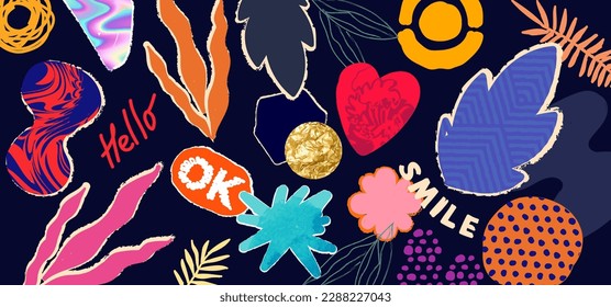 Bright and Vibrant collage of teared shapes with textures and patterns. Playful decorative vector illustration.