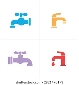 Bright and vibrant collection of four different faucet designs featuring water flow and handle variations for bathroom or kitchen use