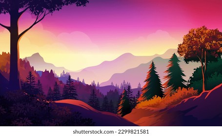 Bright vibrant color of Majestic mountains, Lush forests, with dawn and deep valley vector landscape