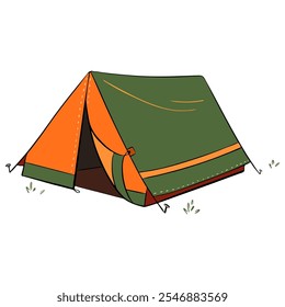 A Bright and Vibrant, Colorful Camping Tent Has Been Set Up in the Great Outdoors of Nature. Vector sketch illustration. Tourism