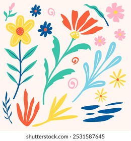 Ilustraciones florales brillantes y vibrantes con una mezcla de flores y hojas, perfectas para diseños de verano y primavera. Ideal para invitaciones, tarjetas y proyectos inspirados en la naturaleza