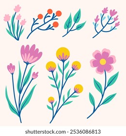 Bright and vibrant floral illustrations with a mix of flowers and leaves, perfect for summer and spring-themed designs. Ideal for invitations, cards, and nature-inspired projects