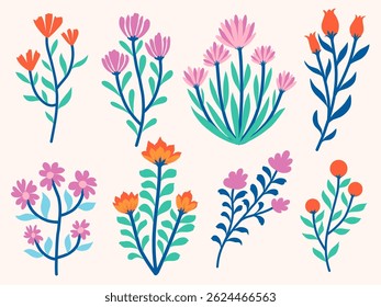 Bright and vibrant floral illustrations with a mix of flowers and leaves, perfect for summer and spring-themed designs. Ideal for invitations, cards, and nature inspired projects