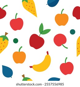 "Bright and vibrant fruits pattern design vector illustration featuring colorful apples, oranges, bananas, and berries. Perfect for fabric prints, packaging, wallpapers, and digital designs. High-qual