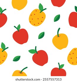 "Bright and vibrant fruits pattern design vector illustration featuring colorful apples, oranges, bananas, and berries. Perfect for fabric prints, packaging, wallpapers, and digital designs. 
