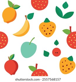 "Bright and vibrant fruits pattern design vector illustration featuring colorful apples, oranges, bananas, and berries. Perfect for fabric prints, packaging, wallpapers, and digital designs. 