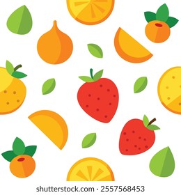 "Bright and vibrant fruits pattern design vector illustration featuring colorful apples, oranges, bananas, and berries. Perfect for fabric prints, packaging, wallpapers, and digital designs. 
