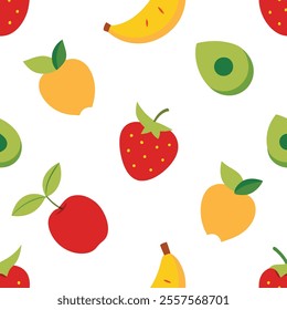 "Bright and vibrant fruits pattern design vector illustration featuring colorful apples, oranges, bananas, and berries. Perfect for fabric prints, packaging, wallpapers, and digital designs. 