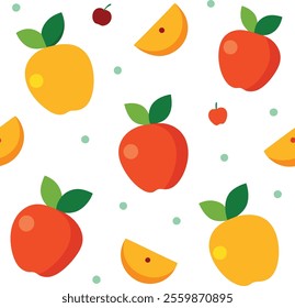 "Bright and vibrant fruits pattern design vector illustration featuring colorful apples, oranges, bananas, and berries. Perfect for fabric prints, packaging, wallpapers, and digital designs. 