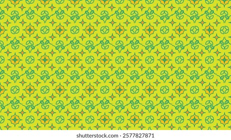 Bright and vibrant geometric pattern in yellow and green hues featuring repetitive floral-inspired abstract shapes, ideal for backgrounds, textiles, or artistic design projects