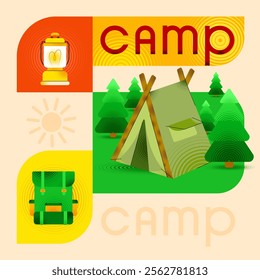 Bright and vibrant illustration of camping tent surrounded by trees, with backpack and lantern emphasizing outdoor adventures. Concept of camping, travel, vacation, holiday