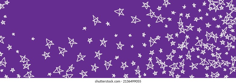Helle, lebendige Lavendel Weiße, helle, dunkle, handgezeichnete Sterne. Naive einfaches, violettes, kahotisches Bild, grau, handgezeichnet. Sky Childish Pastel Kids Vivid Stars Art Night Stars Tapete.