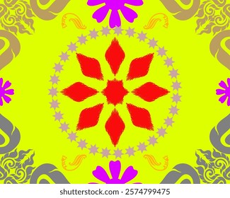 A Bright and vibrant mandala design featuring red and pink floral patterns on yellow background, creating lively and energetic atmosphere